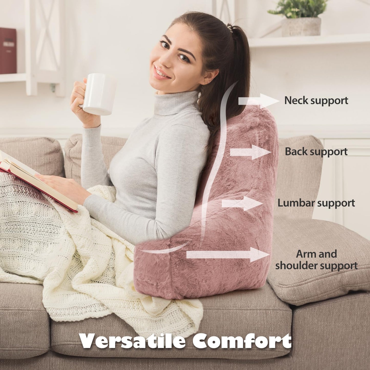xffzroom Reading Pillow, Back Support Pillow for Bed Sitting Up, Standard Bed Rest Pillow with Arms for Adults,Back Support Pillow for Couch and Chair, Bed Reading Pillow, Pink