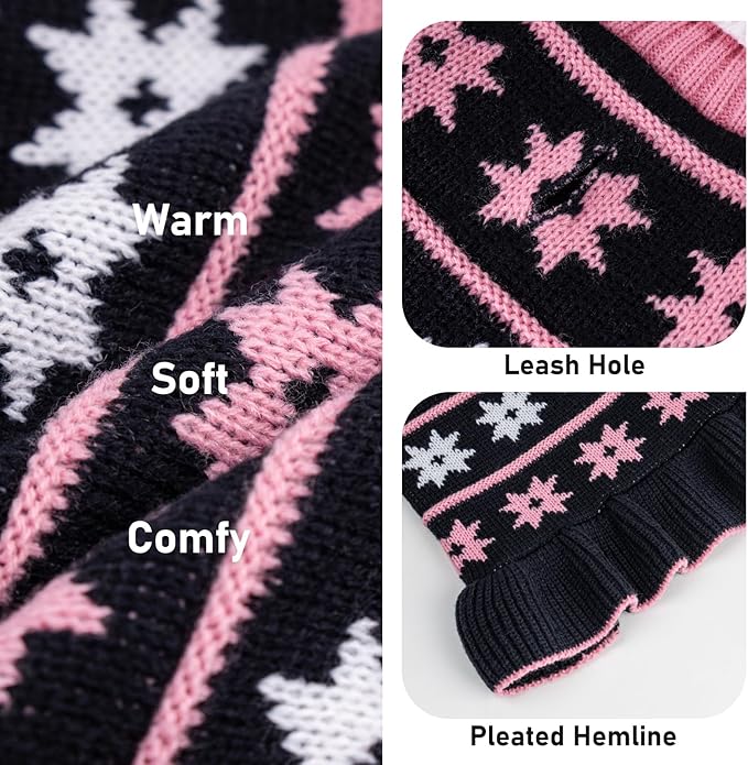KYEESE Dog Sweater for Small Dogs Warm Pet Coats Fall Winter Dogs Clothes for Girl Dog Sweater Dress with Leash Hole Knit Pullover Turtleneck Pet Sweater with Snow Flake Pattern, Girl Navyblue, Large