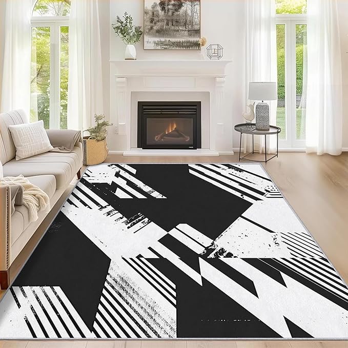 Black and White Rugs for Home Decor, 7x9 ft, Abstract Geometric Area Rugs for Living Room, Soft Non Slip Washable Modern Minimalist Carpet Bedroom Decorations Dt-Ghf-31