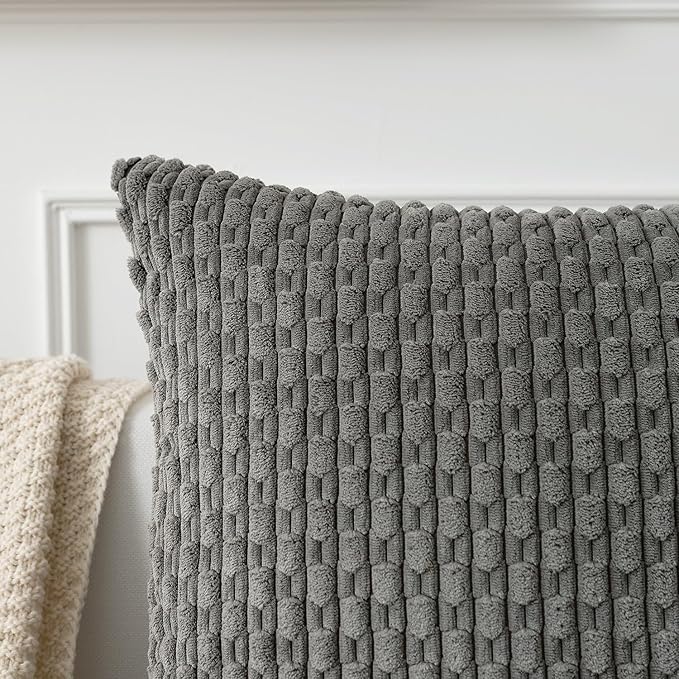 Kevin Textile 2 Packs Dark Grey Decorative Throw Pillow Covers 26x26 Inch for Living Room Couch Bed Sofa Rustic Farmhouse Boho Home Decor Soft Striped Corduroy Square Cushion Case 66x66 cm