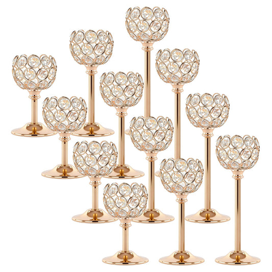 Oakernel Gold Crystal Candle Holders Candlestick Holders - 4 Sets Tall Bling Bowl Candelabra Centerpieces for Dining Table, Wedding, Party & Fireplace Mantel Decor,12Pcs