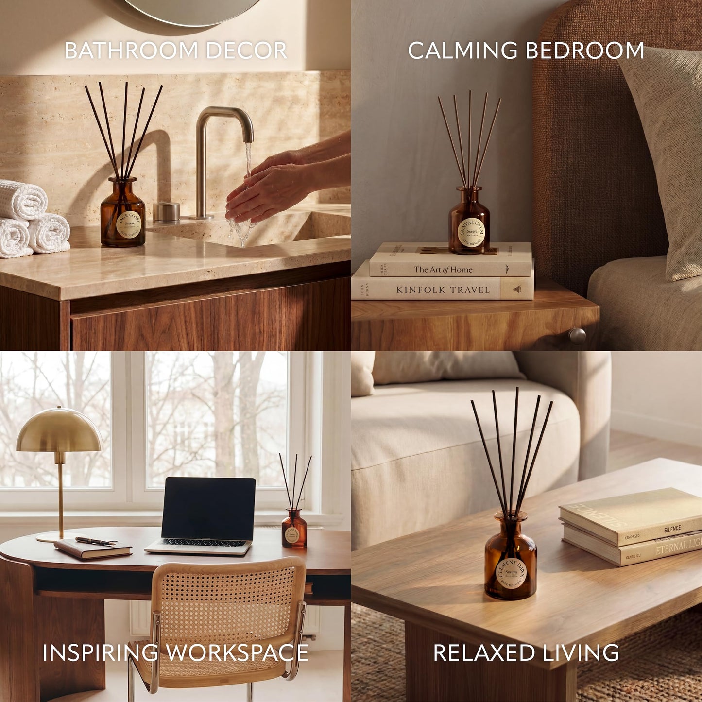 Soréva Luxury Reed Diffuser Set, Calm Sandalwood Cedar Musk, Plant-Based Essential Oils, 120 Days Mindful Aromatherapy Home Fragrance, Bedroom & Office, Gift Set, 7 Sticks, 4.39 fl oz