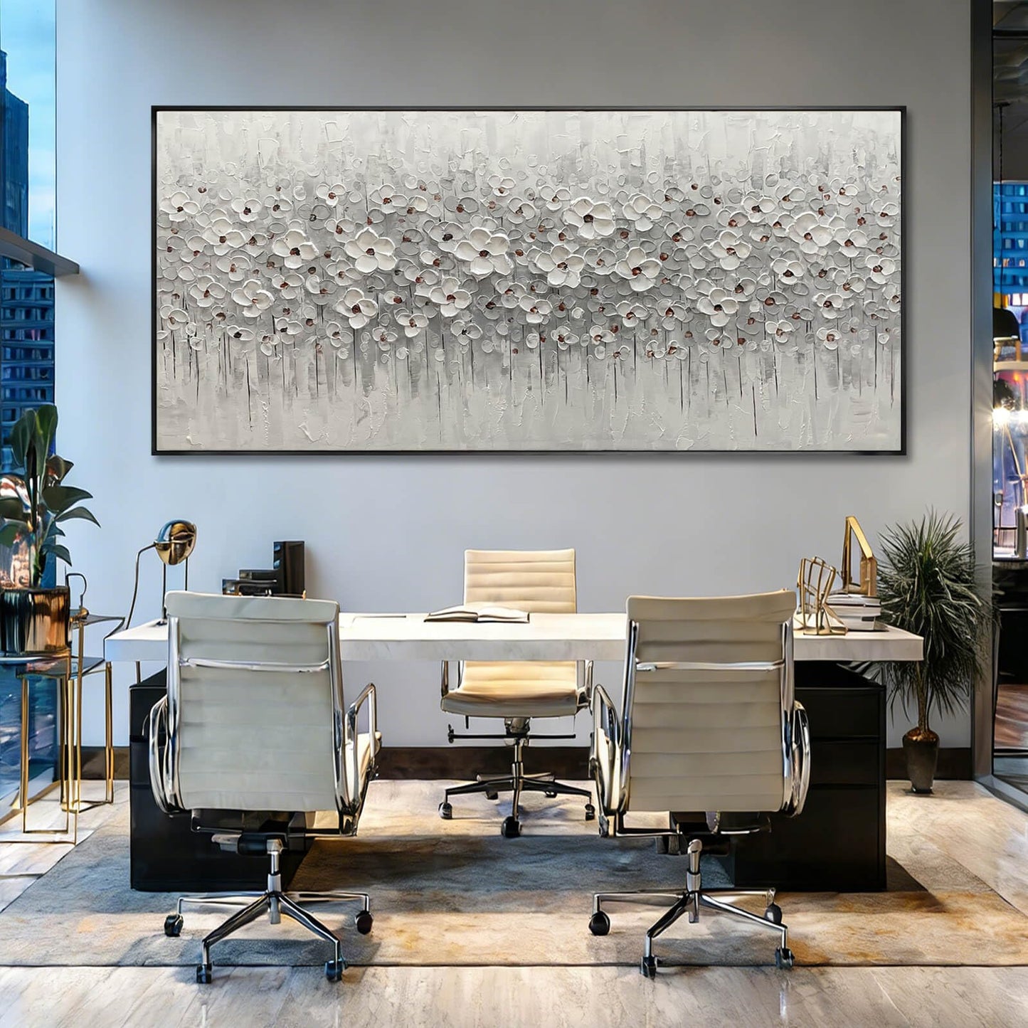 SDYA Oversized White Flower Wall Art, Hand Painted Floral Canvas Paintings With Frame, Extra Large Modern Wall Decor for Living Room Bedroom Office 40"x86"