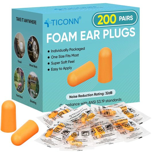 TICONN 200 Pairs Foam Ear Plugs, Hunting Earplugs Individually Wrapped 32dB NRR Noise Reduction Ear Plugs for Sleeping Fishing Passive Hearing Protection Travel Study Concentration (200 Pairs)