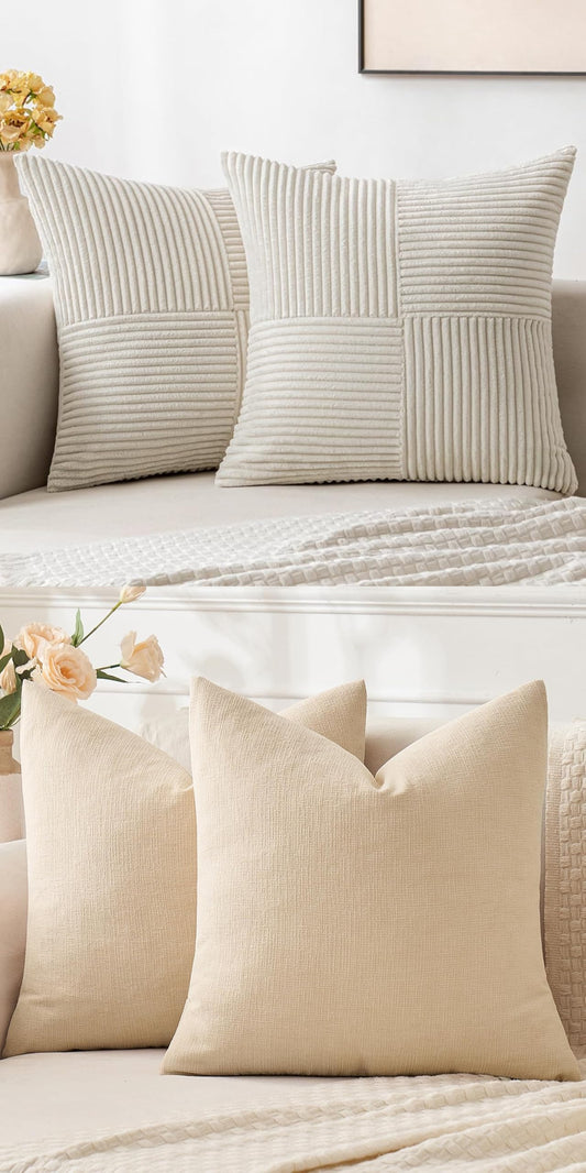 MIULEE Pack of 2 Corduroy Decorative Throw Pillow Covers Bundle Pack of 2 Chenille Decorative Throw Pillow Covers 18x18 Inch Beige