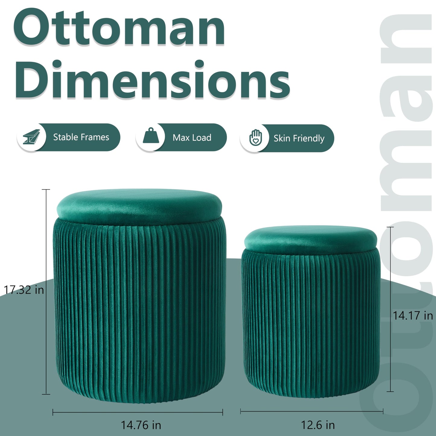 Royal Windsor Round Ottoman with Storage Set of 2,Vanity Stool with Storage for Bedroom, Ottoman Coffee Table, Small Velvet Foot Stool for Living Room, Green