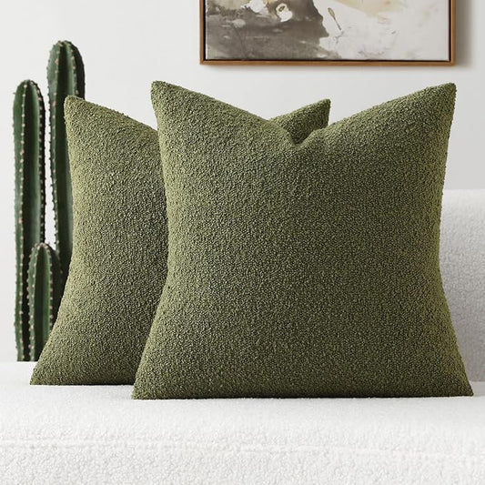 FUTEI Pack of 2 Moss Green Decorative Throw Pillow Covers 22x22 Inch Soft Cozy Solid Boucle Textured Cushion Case,Modern Home Decor for Couch Bed Living Room