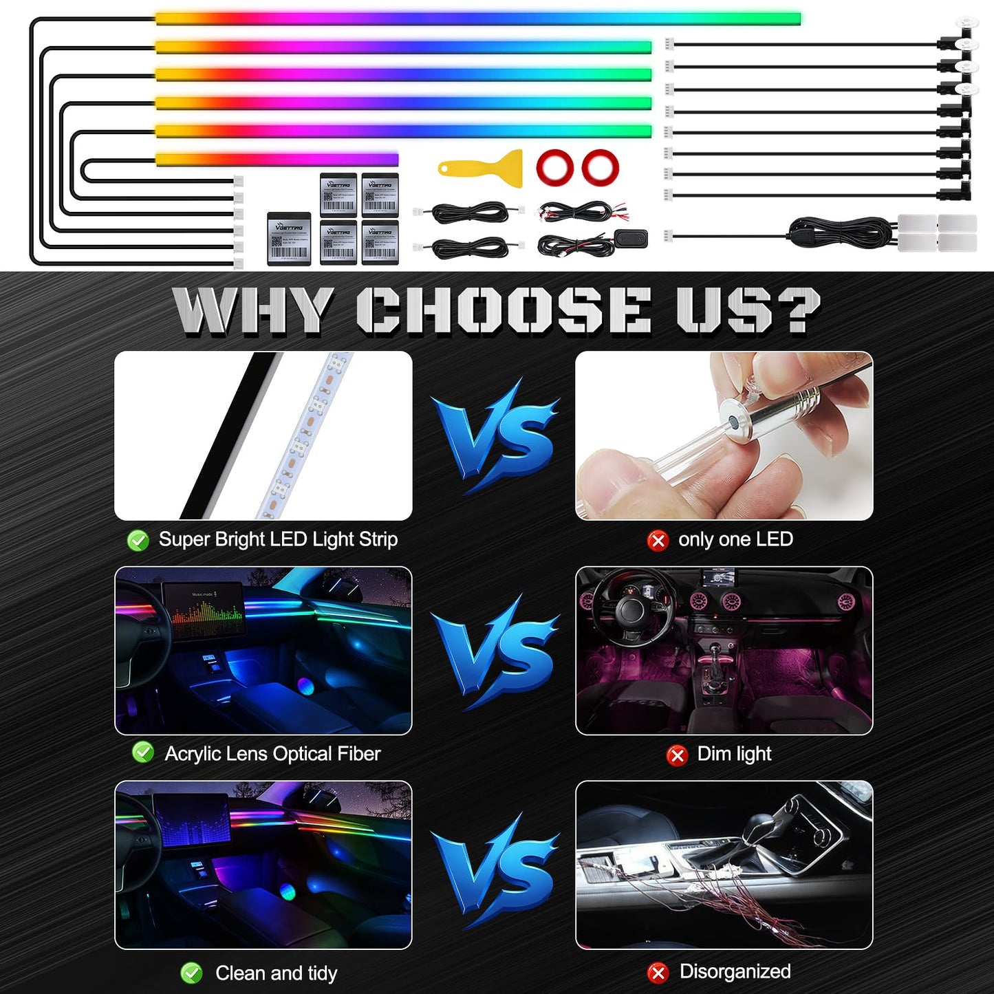 Dreamcolor Acrylic Interior Car LED Strip Light with Wireless APP, Dual Zone RGB 18 in 1 with 175 inches 593 LEDs Fiber Optic Neon Strip Lights for Car, Music Sync Neon Car Ambient Lighting Kits