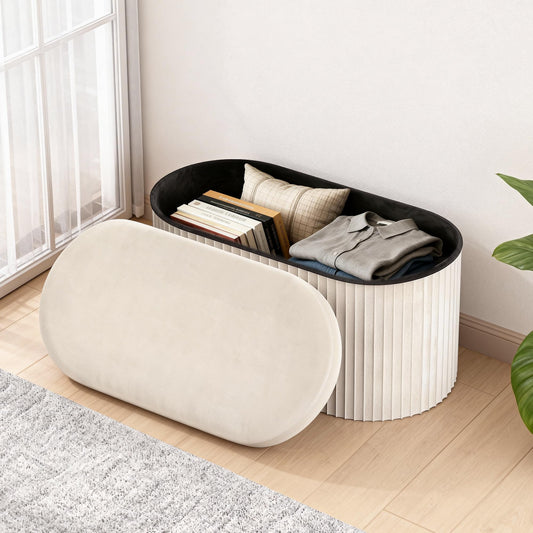 GLAXYFUR Folding Storage Ottoman, Velvet Upholstered Foot Rest, 30 Inches Oval Storage Bench for Bedroom, Living Room & Entryway (Beige)