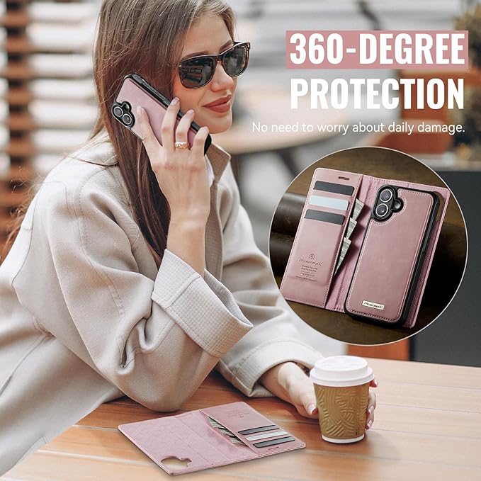 PlusnapX Wallet Case for iPhone 17 Compatible with Magsafe, 2-in-1 PU Leather Flip RFID Blocking Card Holder Stand Shockproof Magnetic Detachable Cover for iPhone 17 Case 6.3", Pink