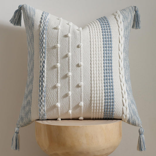 DEZENE Boho Pillow Cover 18x18 Coastal Blue - Handmade Woven Textured Throw Pillow Case with Cordings & Tassels, Decorative Accent for Couch Sofa Bed Farmhouse Living Room Bedroom Home Decor