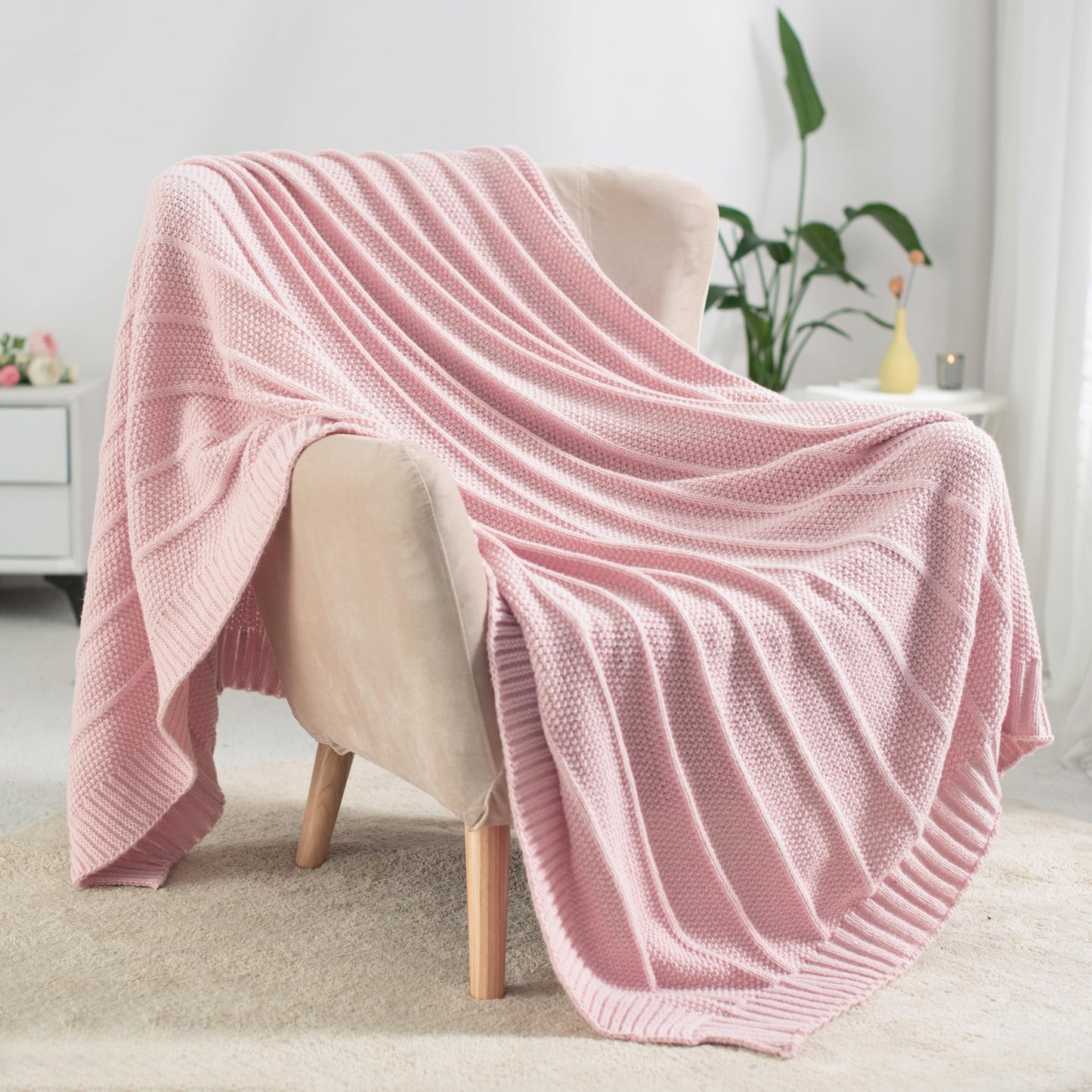 Carriediosa Knit Throw Blanket for Couch 50" X 60", Soft Cozy Stripe Pattern Cable Knitted Throws Fall Fluffy Textured Solid Home Decor Blankets Couch Cover for Bed Sofa, Dusty Pink
