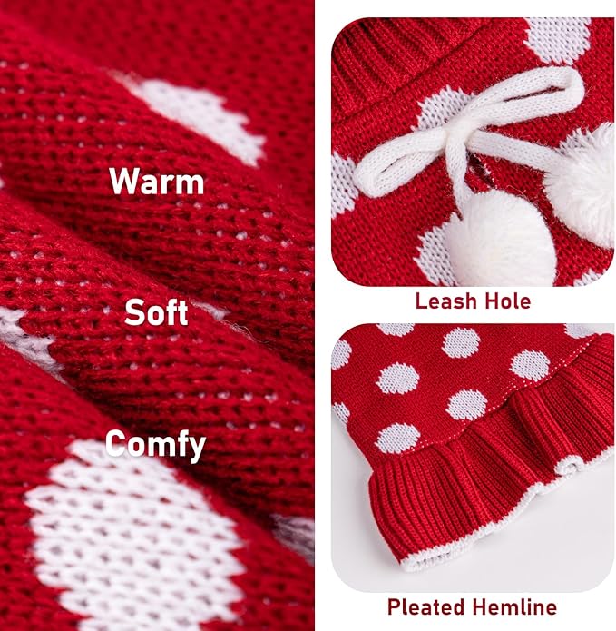 KYEESE Dog Sweaters for Girl Small Dogs with Leash Hole Turtleneck Red Dog Sweater Dress Polka Dot Knit Pullover Warm Pet Sweater