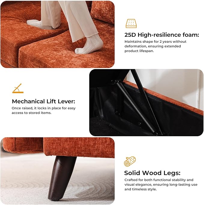 73'' Loveseat Sofa with Seats Storage, Modular Sectional Sofa with Deep Seat,Oversized Comfy Love Seat with 7.8'' Cushion,Couch for Living Room,Bedroom,Chenille,Orange