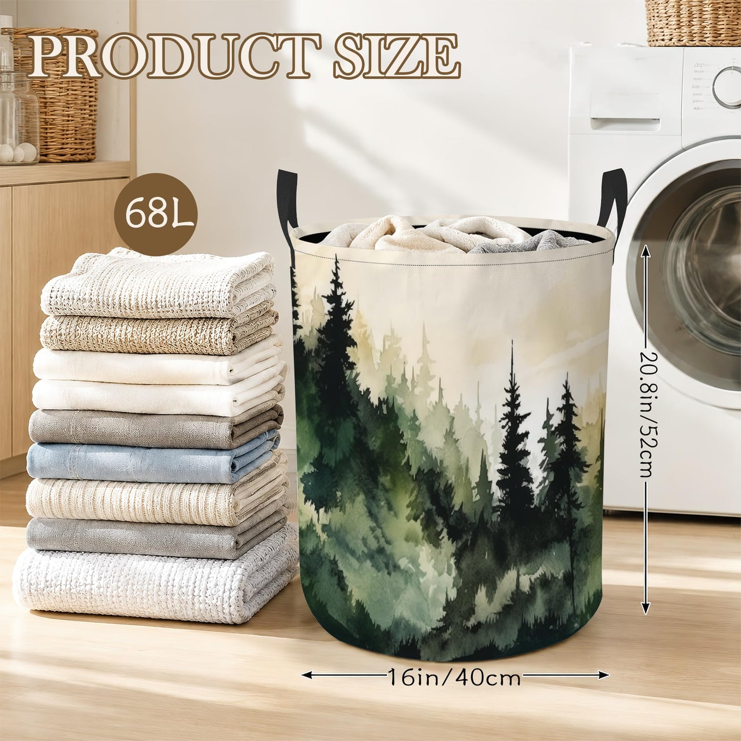 Misty Forest Laundry Basket Oxford Cloth Laundry Hamper With Handle Foldable Portable Clothes Storage Basket Storage Bag For Laundry Room/Bathroom/Bedroom/Dormitory 20.8"x16"