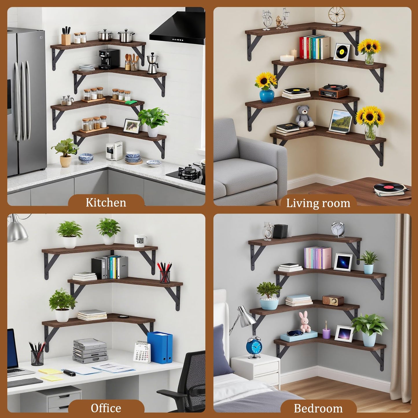 COCPOK Corner Floating Shelves Set of 5, Wall Mounted Wood Shelves for Home Decor, Rustic Wood Wall Storage Corner Shelf for Kitchen Bedroom Bathroom Living Room Office, Dark Brown