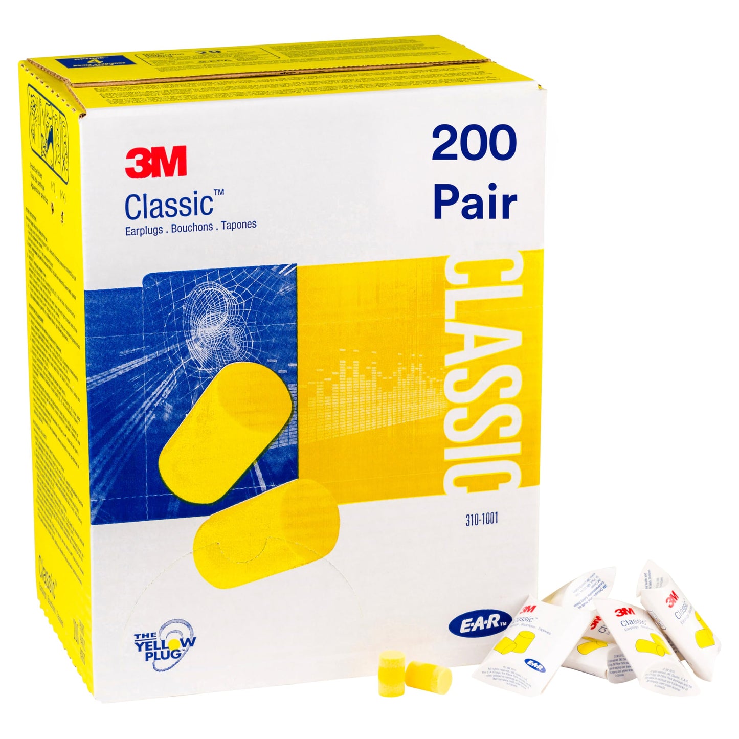 3M Ear Plugs, E-A-R Classic 310-1001, 200 Pairs of Disposable Earplugs, 1 Pair/Pillow Pack, Uncorded, Noise Reduction Rating 29 dB NRR, Foam, Regular Size, Roll Down, Yellow