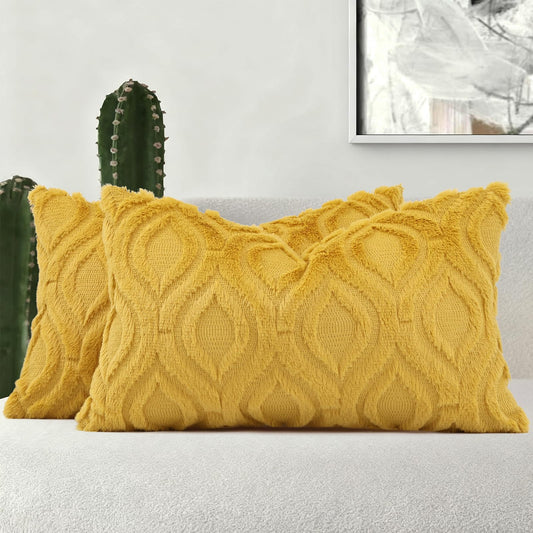 decorUhome Throw Pillow Covers 12x20 Inch Set of 2, Soft Plush Faux Wool Mustard Yellow Solid Couch Pillow Covers, Accent Farmhouse Neutral Rectangle Pillow Cases for Sofa Bed Living Room