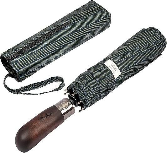 Balios Travel Folding Umbrella with Real Wood Handle Auto Open Close Vented Windproof Canopy - Designed in UK