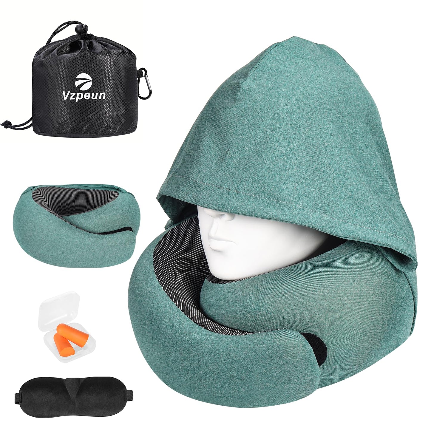 Vzpeun Travel Pillow - Hooded Neck Pillow Airplane Memory Foam Filling for Plane, Office, Cars Sleeping, Road Trip, Long Flights, Airplane Travel Essentials, Includes Eye Mask & Earplugs (Green)