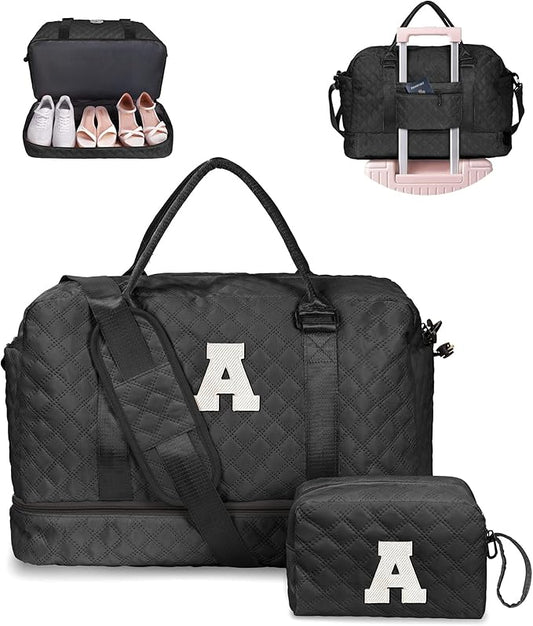 Vogewood Trendy Gifts for Women-Initial Duffle Bag with Shoe Compartment, Personalized Weekender Bags, Monogram Overnight Bag for Women, Letter Travel Bags with Makeup Pouch (Letter A)