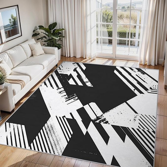 Black and White Rugs for Home Decor, 6x8 ft, Abstract Geometric Area Rugs for Living Room, Soft Non Slip Washable Modern Minimalist Carpet Bedroom Decorations Dt-Ghf-31
