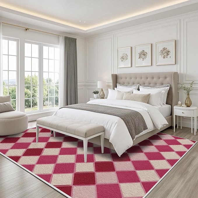 Plaid Rug, Soft Ultra Soft Faux Wool Rhombus Geometric Rugs, Indoor Floor Mats Carpet, Non Slip&Non-Shedding Low Pile Washable Rugs, Modern Red 4x5 Area Rug for Bedroom Home Decor