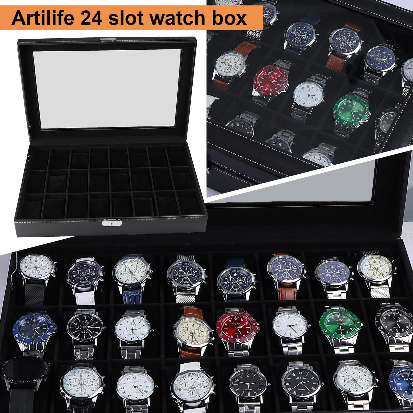 Artilife 24 Slot Watch Box for Men,Watch Cases for Men,Watch Display Case,Glass Top,PU Leather Display Storage Collection Organizer Jewelry Case Watch Organizer with Removable Pillows Black