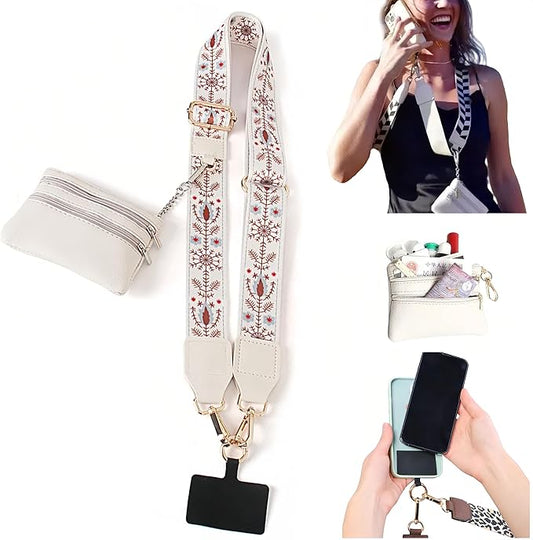 Crossbody Body Phone Holder for Women, New Phone Strap with Zippered Pouch, Adjustable Crossbody Strap (Flower white)