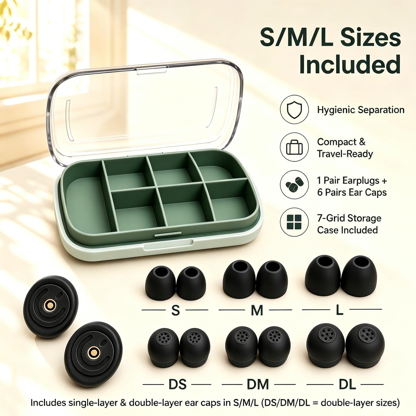 Ear Plugs for Sleeping, 35dB Waterproof Reusable Silicone Earplugs, Breathable No Ear Blockage, Block Snoring Side Sleepers, Single/Double Layer 3 Pairs Each S/M/L 6 Pairs 7-Grid Storage Case