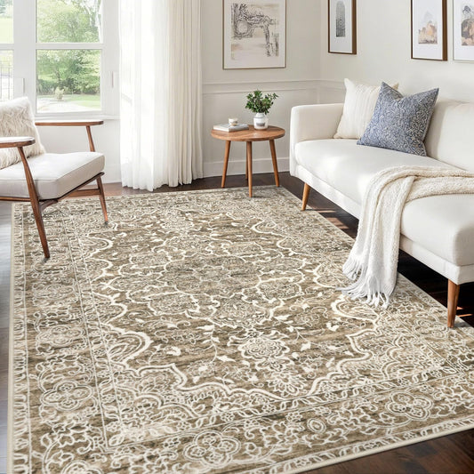 KUTA Vintage Area Rug 5x7 Beige Brown, Washable Rugs for Living Room Soft Non-Slip Printed Distressed Tribal Traditional Farmhouse Carpet for Bedroom Dining Room Dorm Office Home Decor