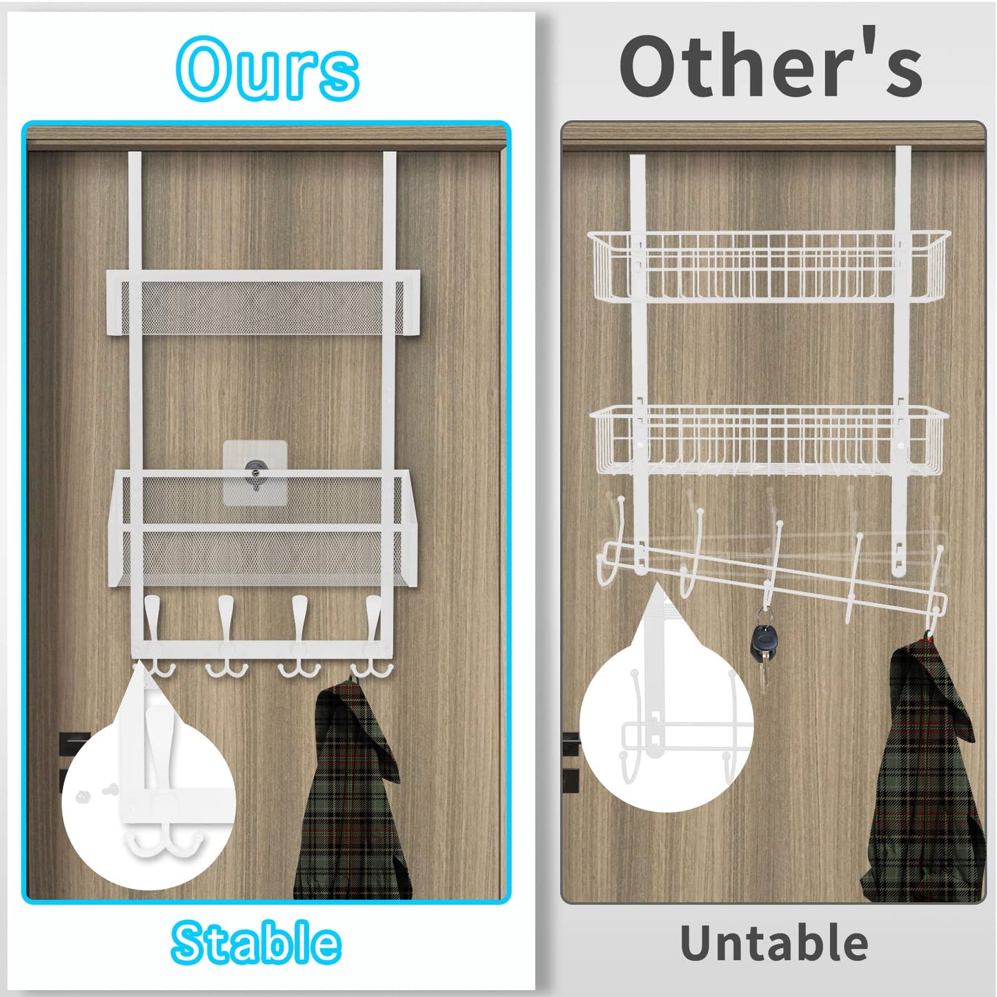 Kaiferty Over The Door Hooks Organizer, Coat Rack Over The Door Storage Hanger Towel Rack, Back of Door Storage Organizer for Bathroom,Bedroom,Kitchen,Office (White, 3-Tier)