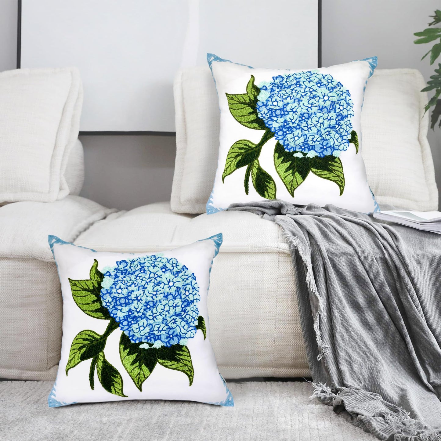 Alysheer Spring Hydrangea Embroidered Decorative Throw Pillow Covers 18"x 18" Set of 2, Summer Blue Green Floral Tufted Patterned Cotton Cushion Cases for Couch Bed Living Room Decor
