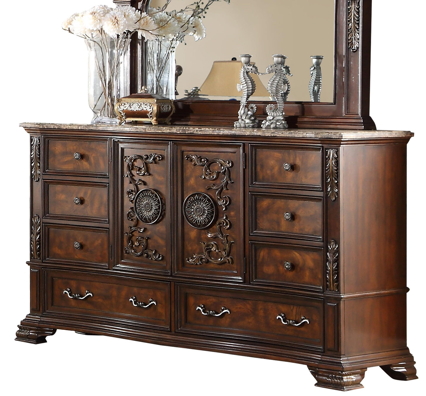 First of a Kind Santa Monica Traditional 5 Piece King Bedroom Set with Upholstered Tufted Headboard Elegant Classic Design Coordinated Furniture Collection, Cherry