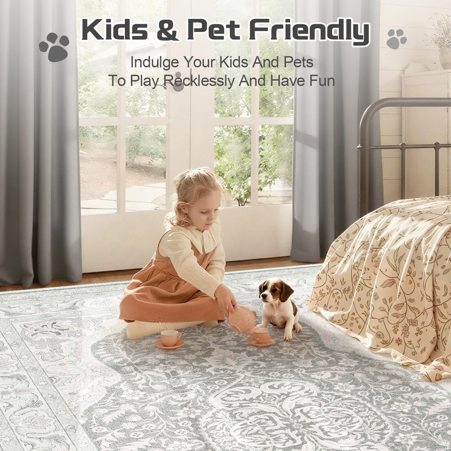 ANSSO Washable Rug 5x7 Area Rugs for Living Room - Stain Resistant Non-Slip Backing Boho Rug for Bedroom,Durable & Ultra-Thin Vintage Large Area Rug(5x7,