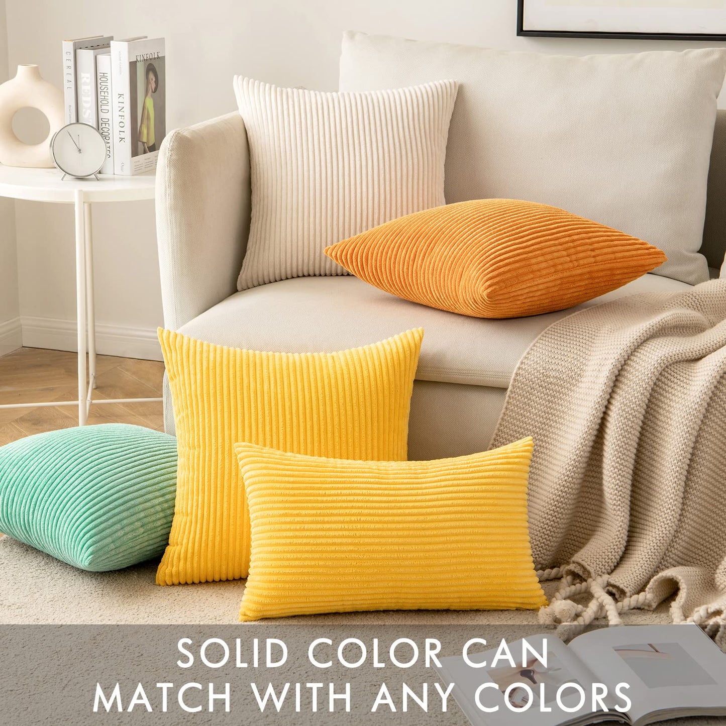 MIULEE Decorative Corduroy Pillow Covers Soft Solid Pack of 2 Cushion Cases Boho Square Throw Pillow Covers Golden Yellow Pillowcases for Couch Chair Sofa Bed Living Room Home Decor 18 x 18 Inch