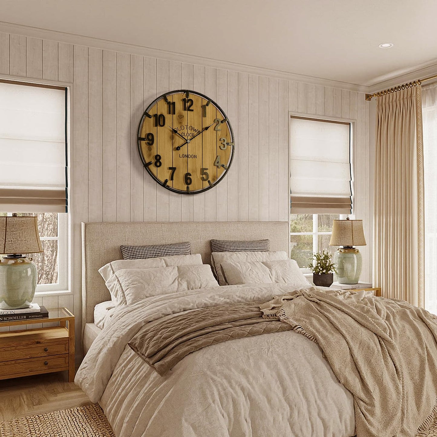 Vantic Farmhouse 24 Inch Extra Large Decorative Wall Clock with Metal Circle, Oversized Wood Wall Clock with Large Arabic Numeral for Living Room, Bedrooms and Offices, Silent and Battery Operated
