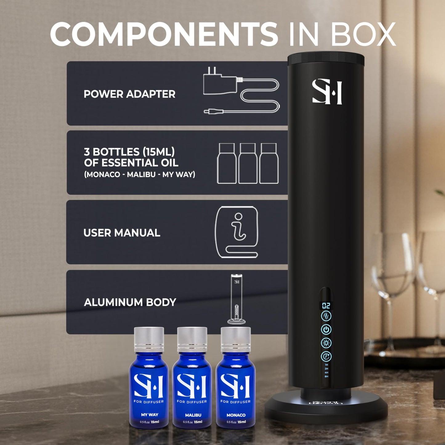 Hotel Waterless Scent Diffuser for Home Large Room - Tower Design 2026 with Rechargeable Battery, Oil Diffusers for Home, Hotel Aroma Oil Diffuser, Luxury ColdAir Home Diffuser set 3x15ml Diffuser Oil