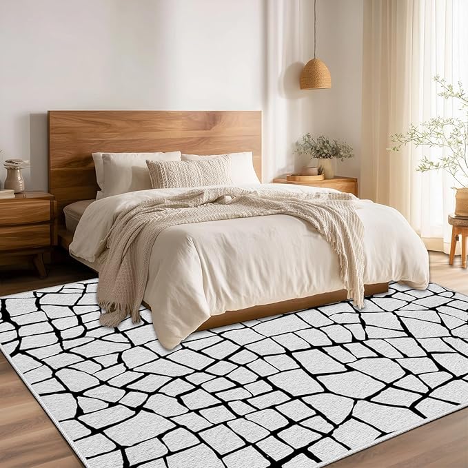 Black and White Area Rug, Abstract Rug, Contemporary Minimalist Rugs, Geometric Cracks Area Rugs, Modern Geometric Carpet for Living Room, Washable Non Slip Home Decor Mat 4x6
