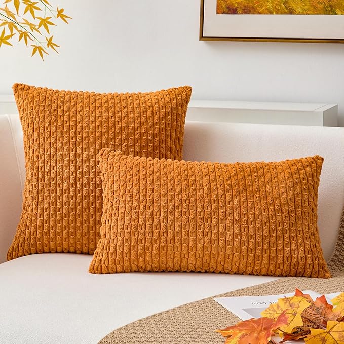 Kevin Textile Fall Throw Pillow Covers Soft Corduroy Decorative Set of 2 Boho Striped Pillow Covers Pillowcases Farmhouse Home Decor for Couch Bed Sofa Living Room 24x24 Inch Orange Yellow