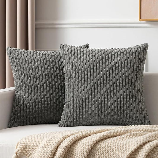 Kevin Textile Throw Pillow Cover Striped Pattern Decorative Soft Corduroy Cushion Covers Stripes for Living Room Set of 2 18x18 Inch Dark Grey