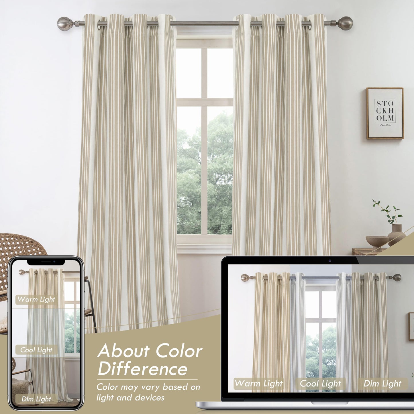 DriftAway Chris Linen 100% Blackout Curtains with Thermal and Sound Reducing Layer 96 Inch Long for Bedroom Striped Printed Drapes Thermal Insulated Lined Window Treatments for Living Room Camel Beige