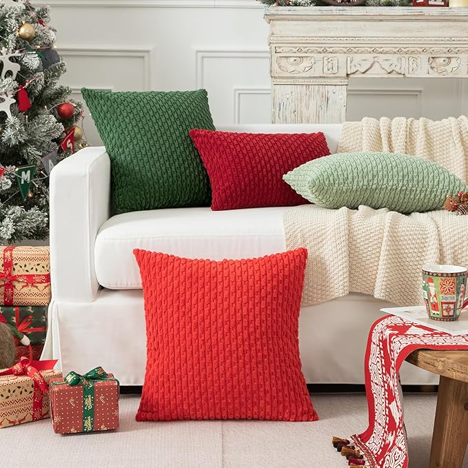 Kevin Textile Christmas Corduroy Decorative Throw Pillow Covers 24x24 Inch Pack of 2 Soft Boho Striped Pillow Covers Modern Farmhouse Home Decor for Spring Sofa Living Room Couch Bed Dark Green