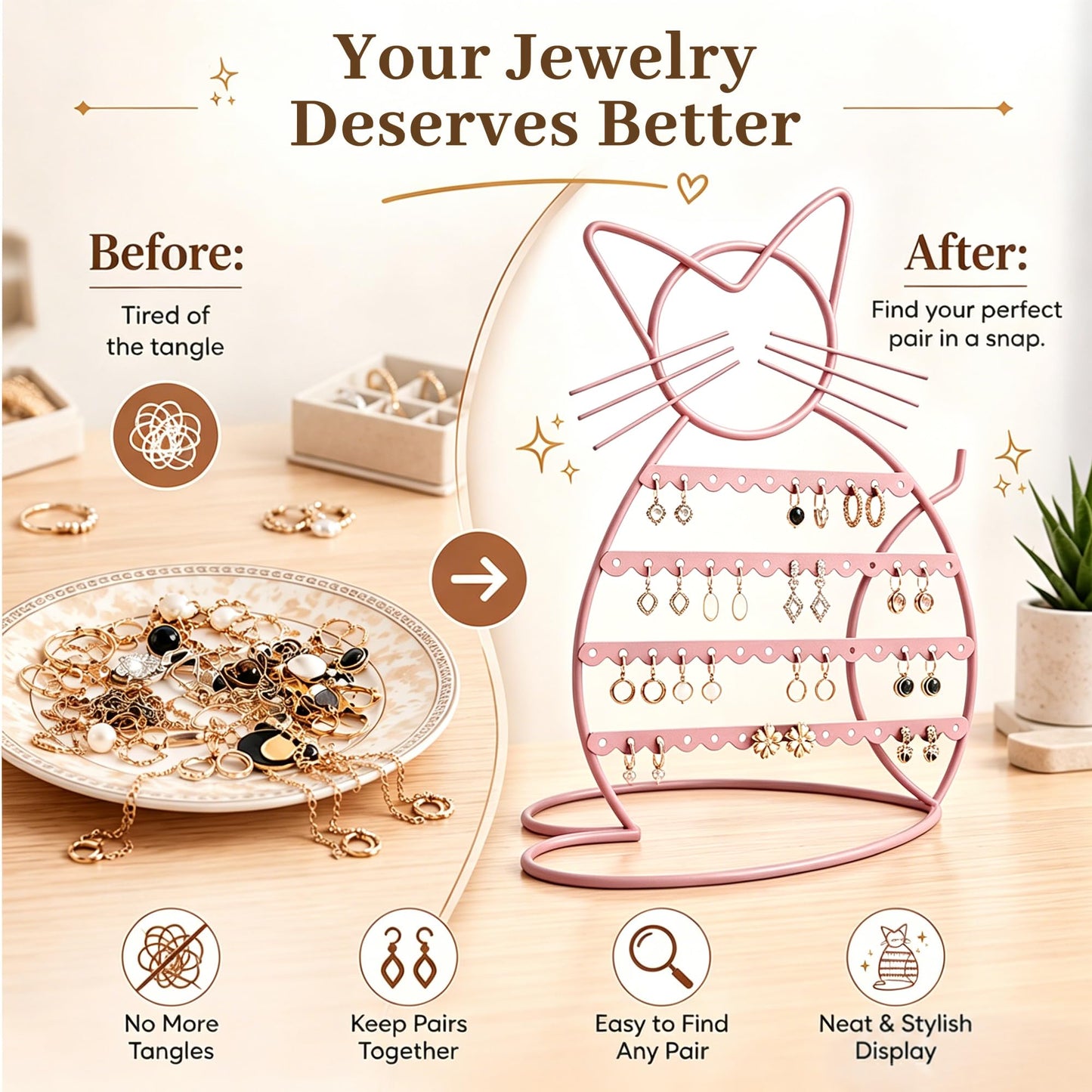 Urban Deco Jewelry Organizer Stand Cat Shaped Earring Holder Organizer Metal 48 Stud Earring Holes Jewelry Holder, Metal Jewelry Display Vanity Organizer For Girls - Macron Pink