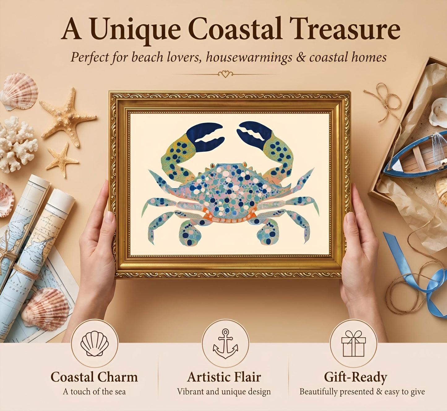 Gold Framed Coastal Watercolor Blue Crab Canvas Wall Art 9x11in