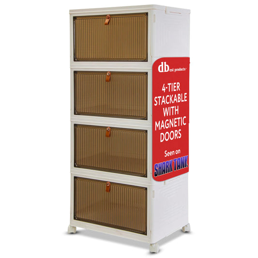 Quik Box Sport 4-Tier Stackable Storage Organizer - 24 Gallon Capacity Collapsible Bins with Magnetic Doors, Space-Saving Vertical Storage for Bedroom, Closet, Dorm Organization