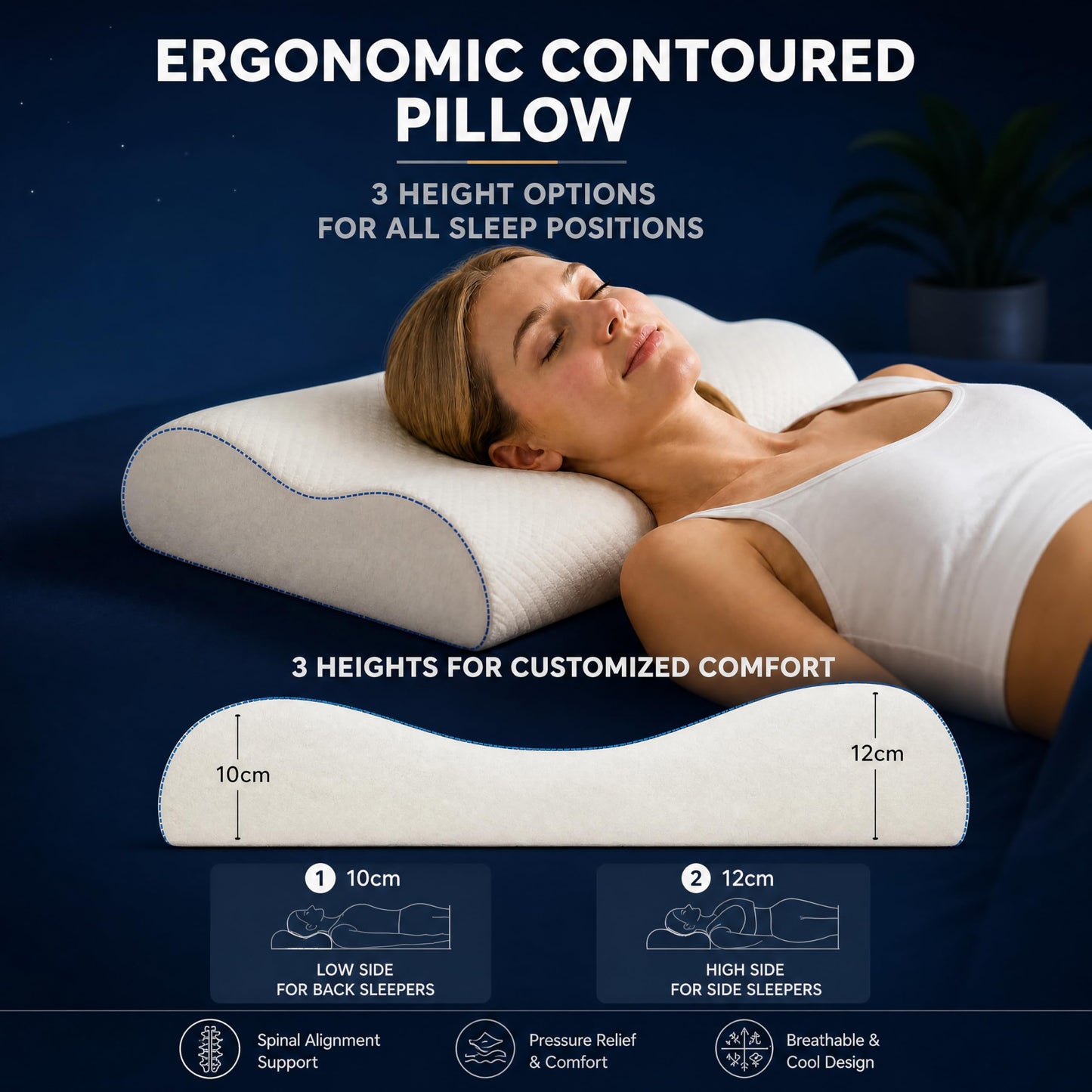 ASRIO Silicone Neck Support Pillow for Sleeping, Dual Height Cooling Ergonomic Contour Pillow, High Resilience Medium Firm Bed Pillow for Side and Back Sleepers, Washable, Standard Size