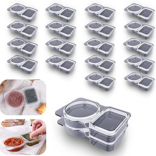 VOUKEN Double Compartment Condiment Container with Lid Double Compartment Snack Containers Double Compartment Snack Containers for to-go Sauce, Sampling, Travel Snack (Transparent 20PCS)