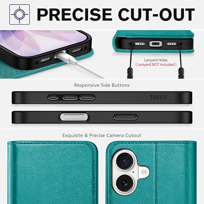 TUCCH Case Wallet for iPhone 17 (6.3-Inch) 2025, 3 Card Slots | Kickstand | RFID Blocking | PU Leather | Protective Flip Folio Cover | TPU Shockproof Interior Shell | Cyan