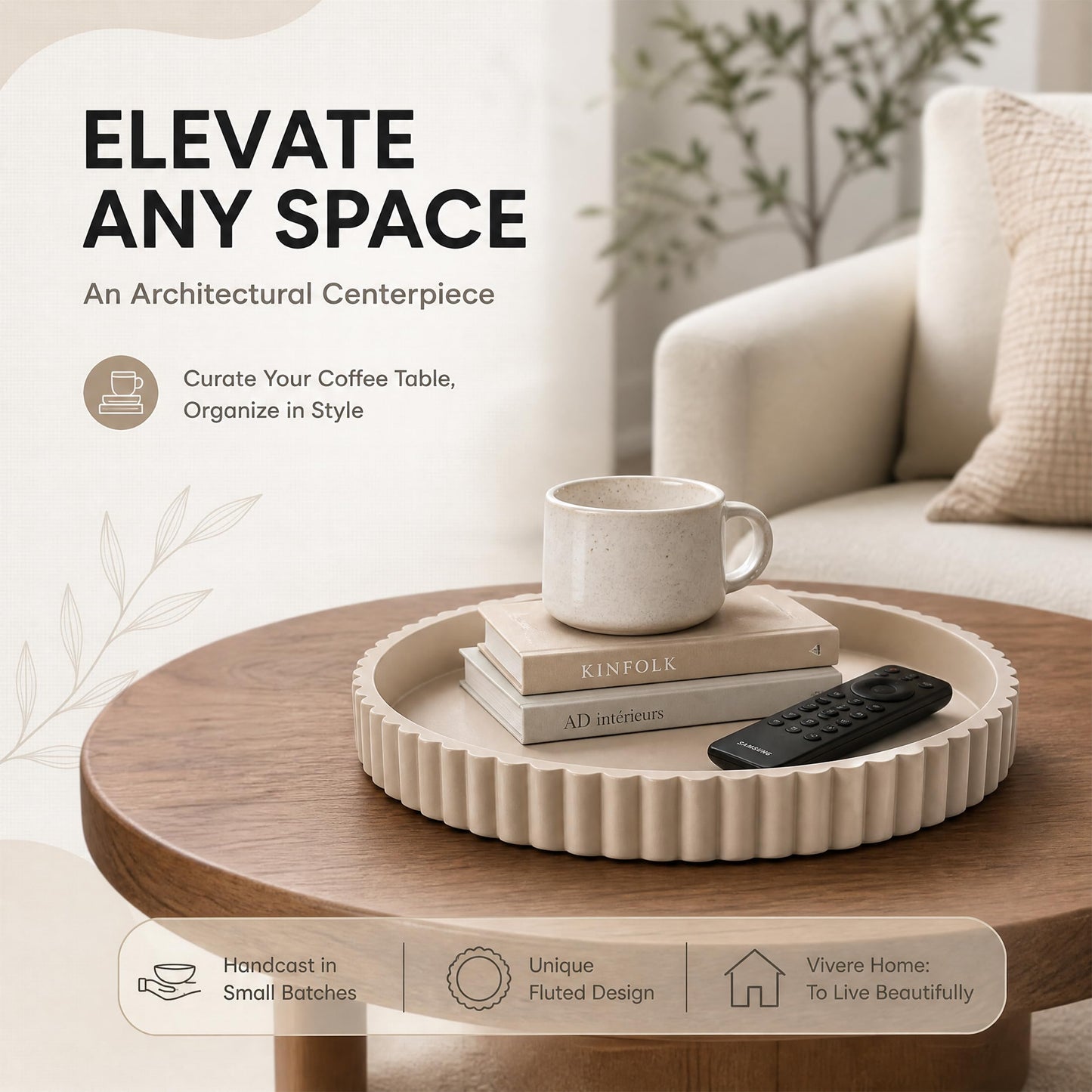 Vivere Home 11-Inch Concrete Round Tray Home Decor for Coffee Table Decor - Round Coffee Table Tray - Circular Kitchen Island Trays - Decorative Trays- Beige